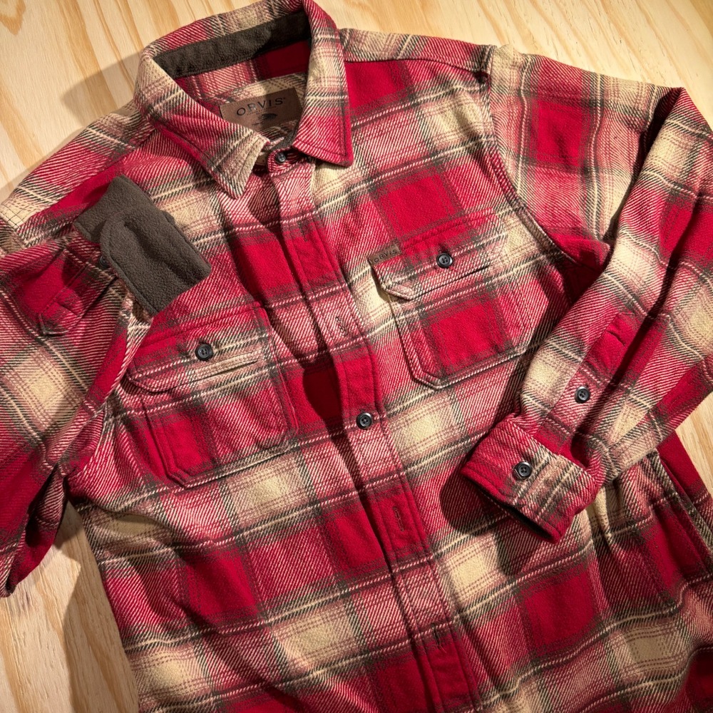 Orvis Mens Red Plaid Fleece Lined Flannel Shirt Size Medium Rugged Heavyweight